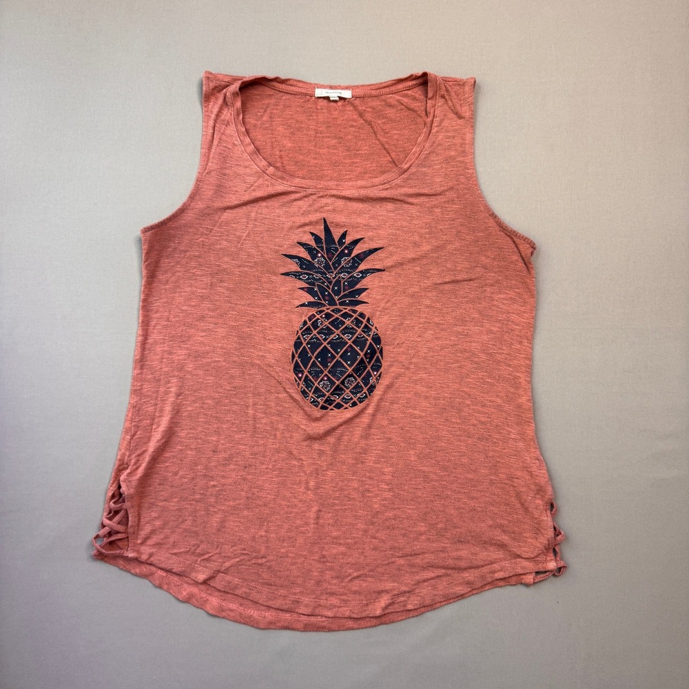Maurices Womens Medium Coral Pink Pineapple Graphic Lace Up Side Tank Top